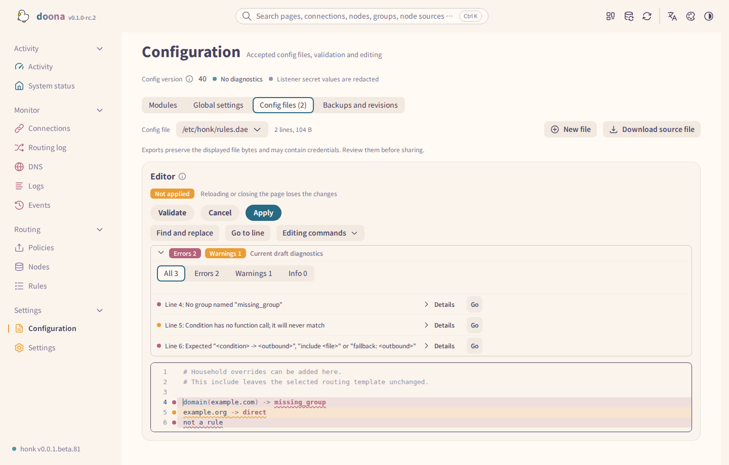 Current draft diagnostics under the editor toolbar: level filter with counts, Go buttons and line markers