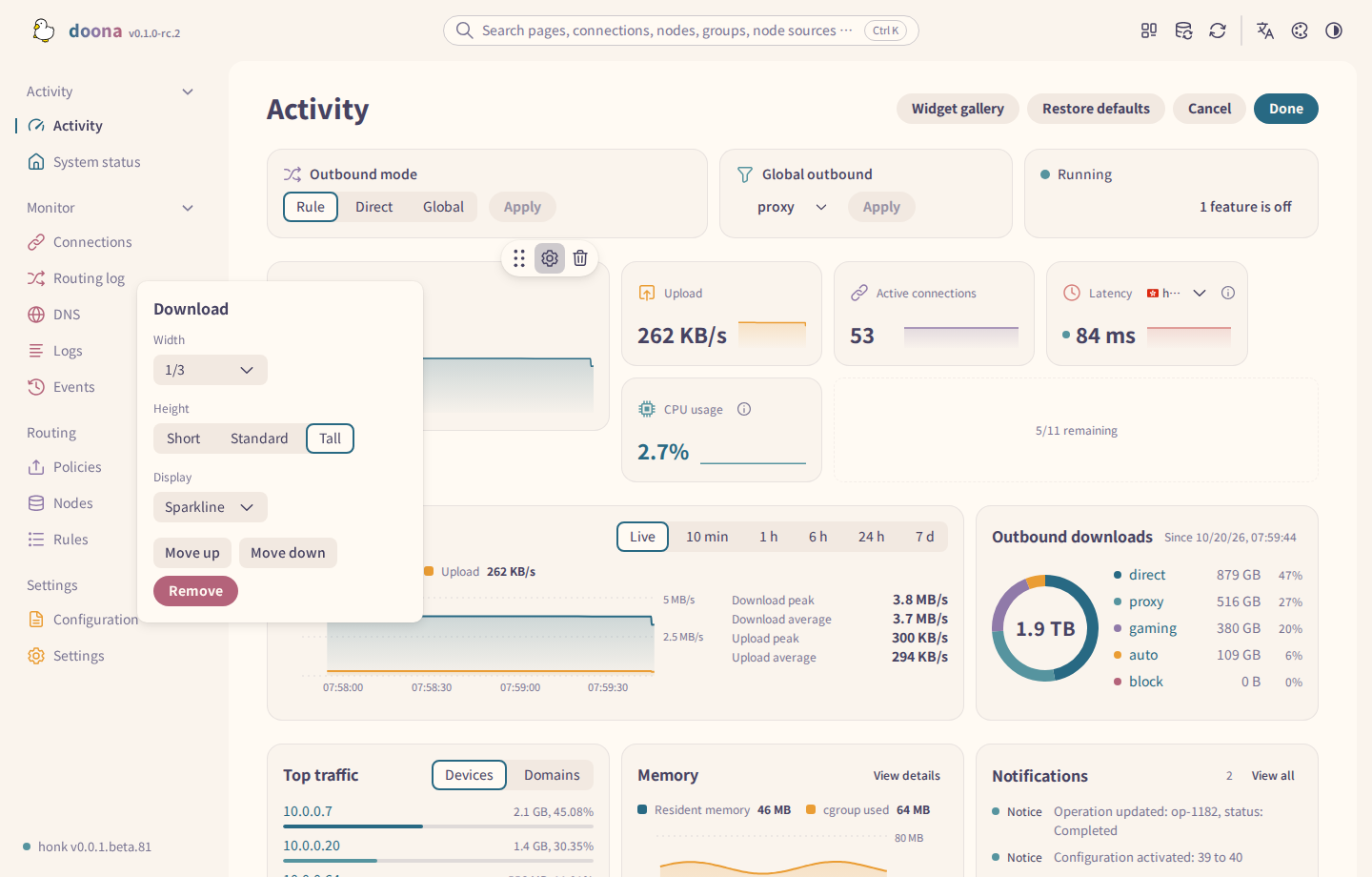 Edit dashboard with the Download card at width 1/3 and Tall, its handles and the free space left in the row