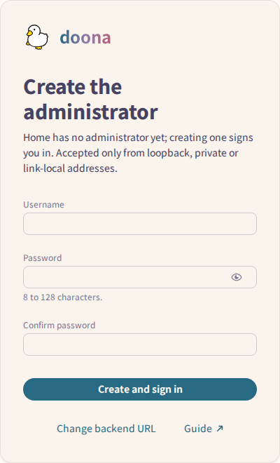 Administrator setup with username, password and confirmation fields