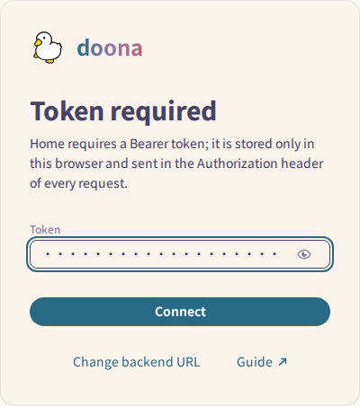 Token sign-in with the Token field, show/hide control and Connect button