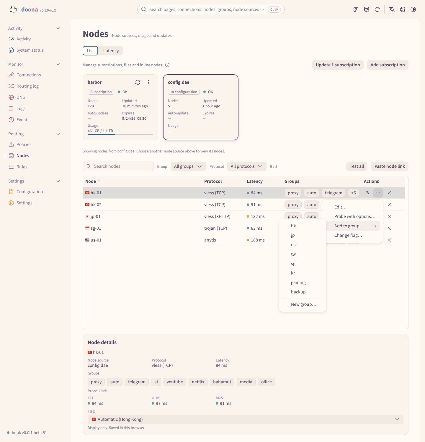 Node details with probe results and the Add to group submenu
