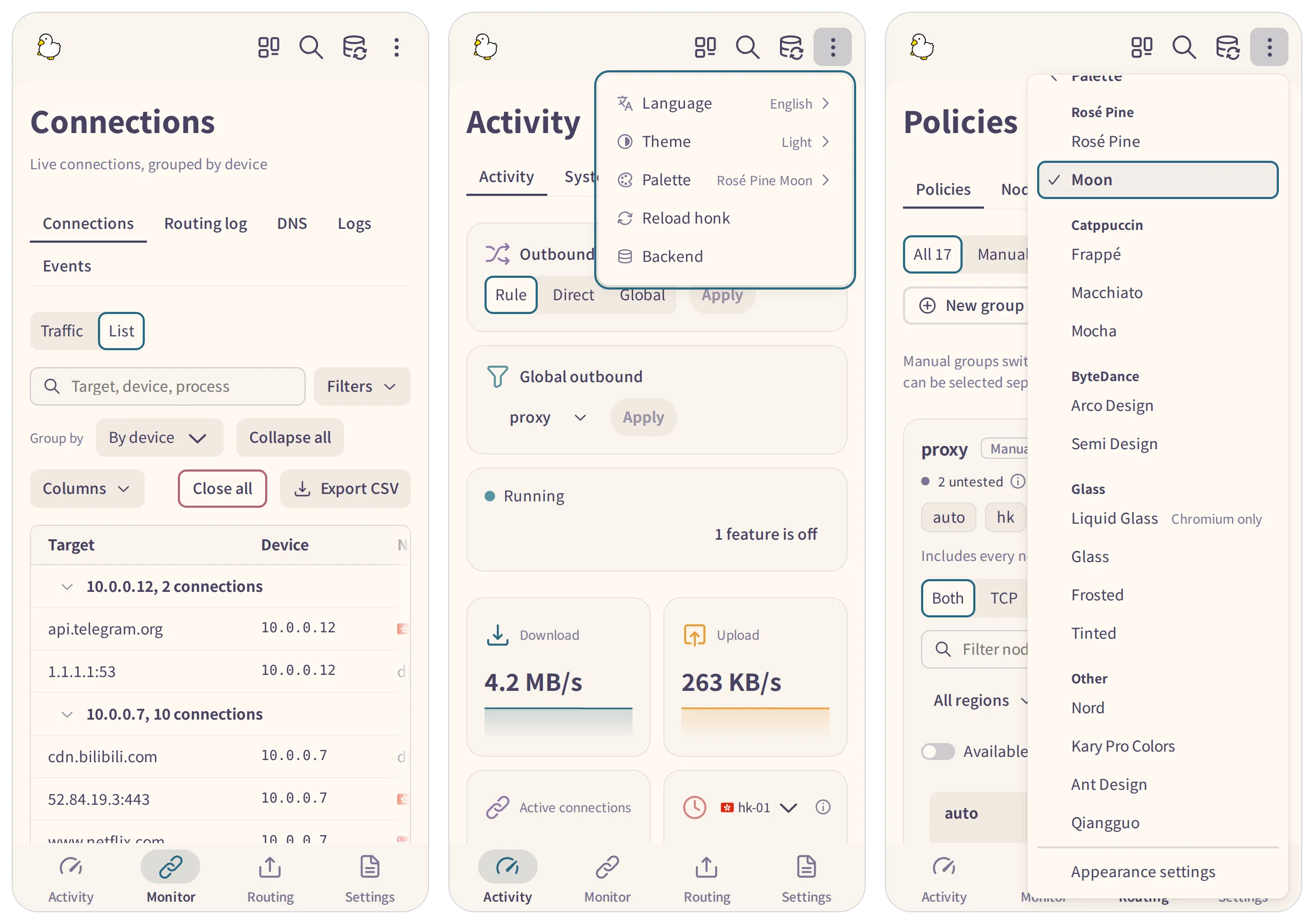Phone layout: page strip and bottom bar, the More options menu, and its Palette submenu