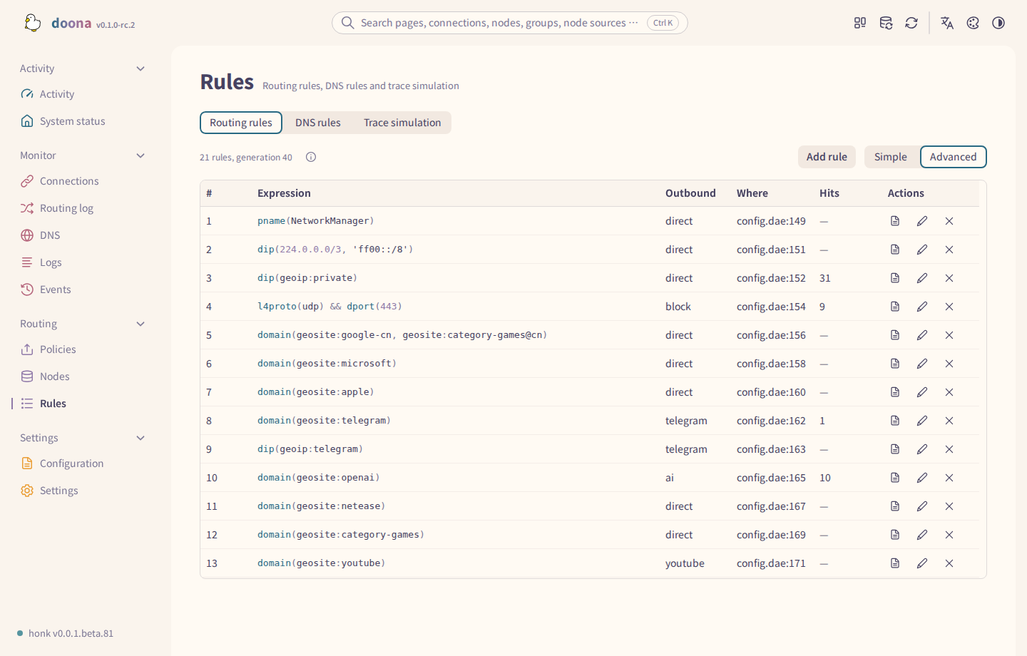 Advanced routing rules with source file and line, and the Open config file, Edit rule and Remove rule actions