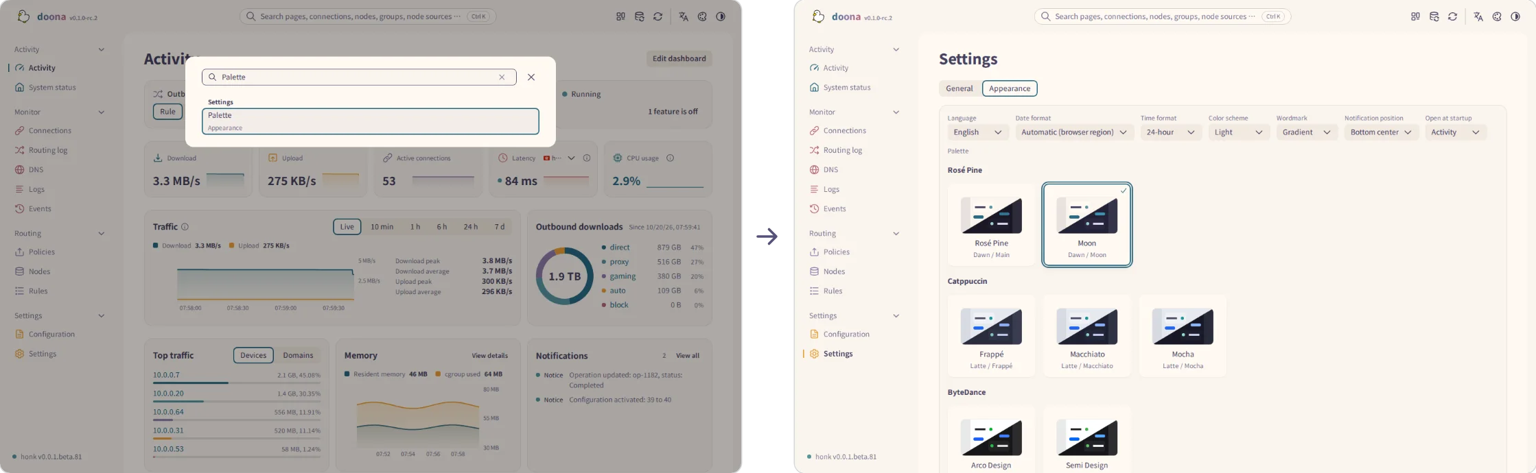 Searching for palette, then opening the focused Appearance control