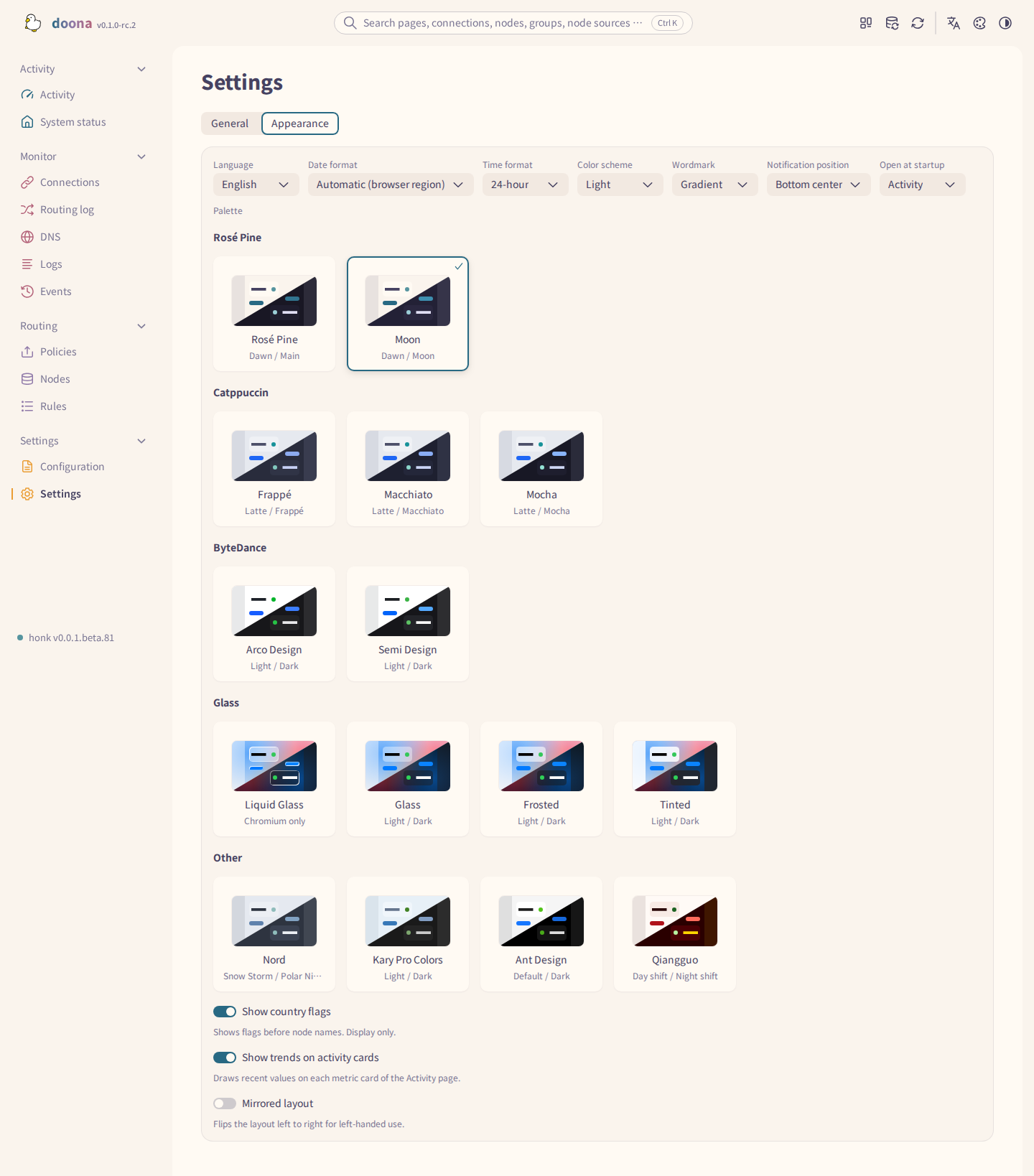 Appearance settings with all four Glass palettes