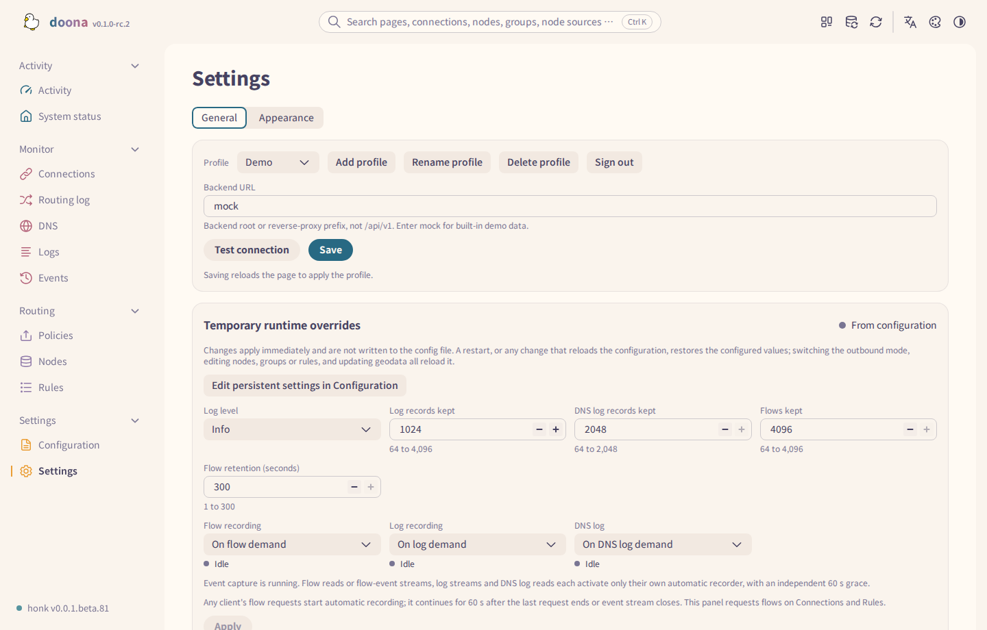 General settings with the General and Appearance tabs
