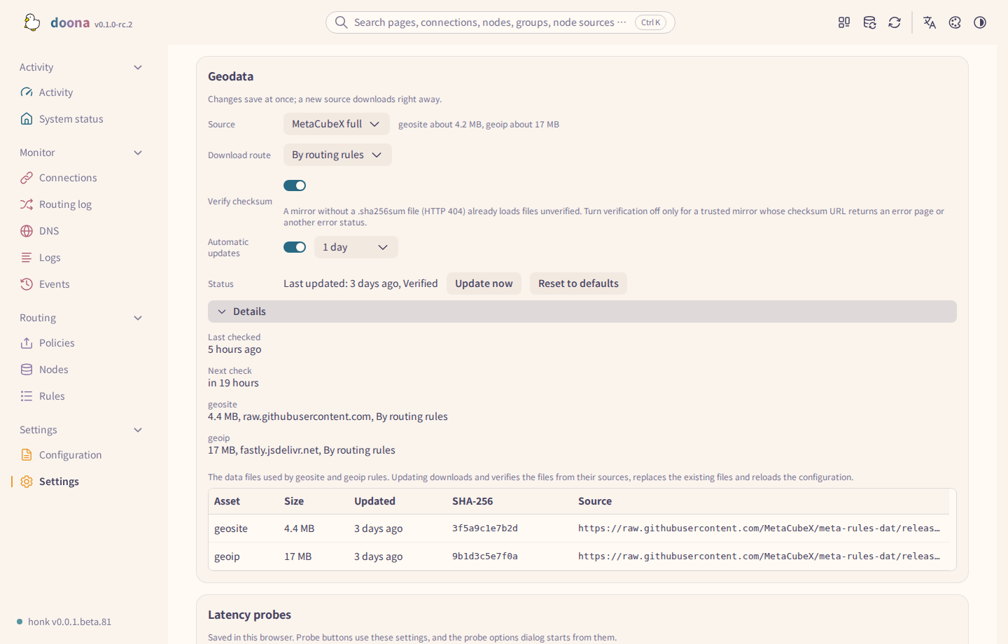 Geodata card with Update now, Reset to defaults and Details open, showing check times and file downloads above the file table