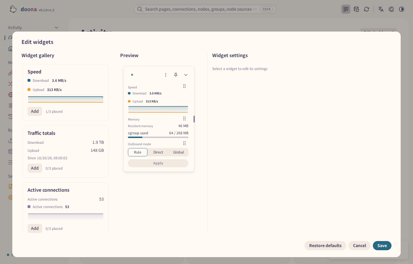 Widget editor from Panel options > Edit widgets: gallery, live preview with width grip, and settings