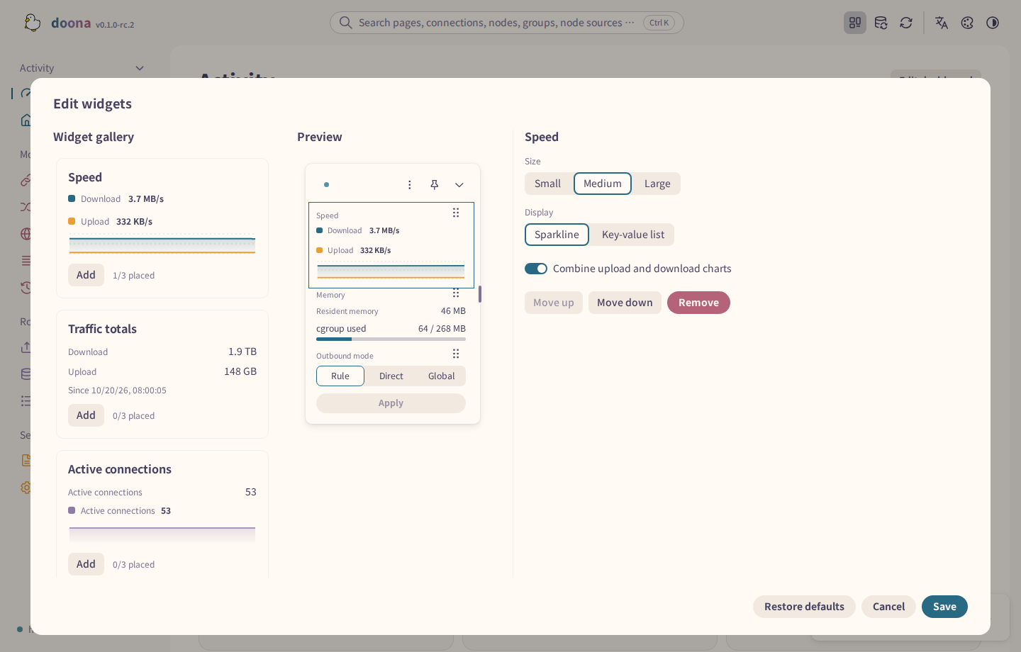 Speed selected in the widget editor, with size and display choices