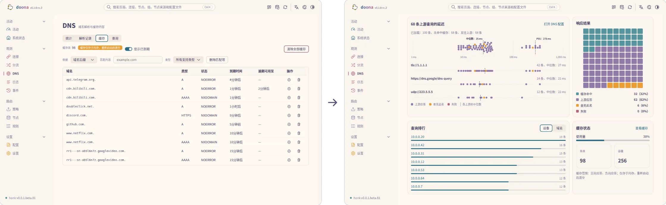 「缓存」开启「显示已到期」，列出一条已到期记录；右侧为「统计」中的缓存用量条