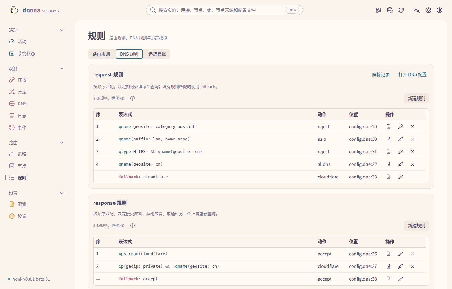 DNS request 与 response 规则，显示来源与操作